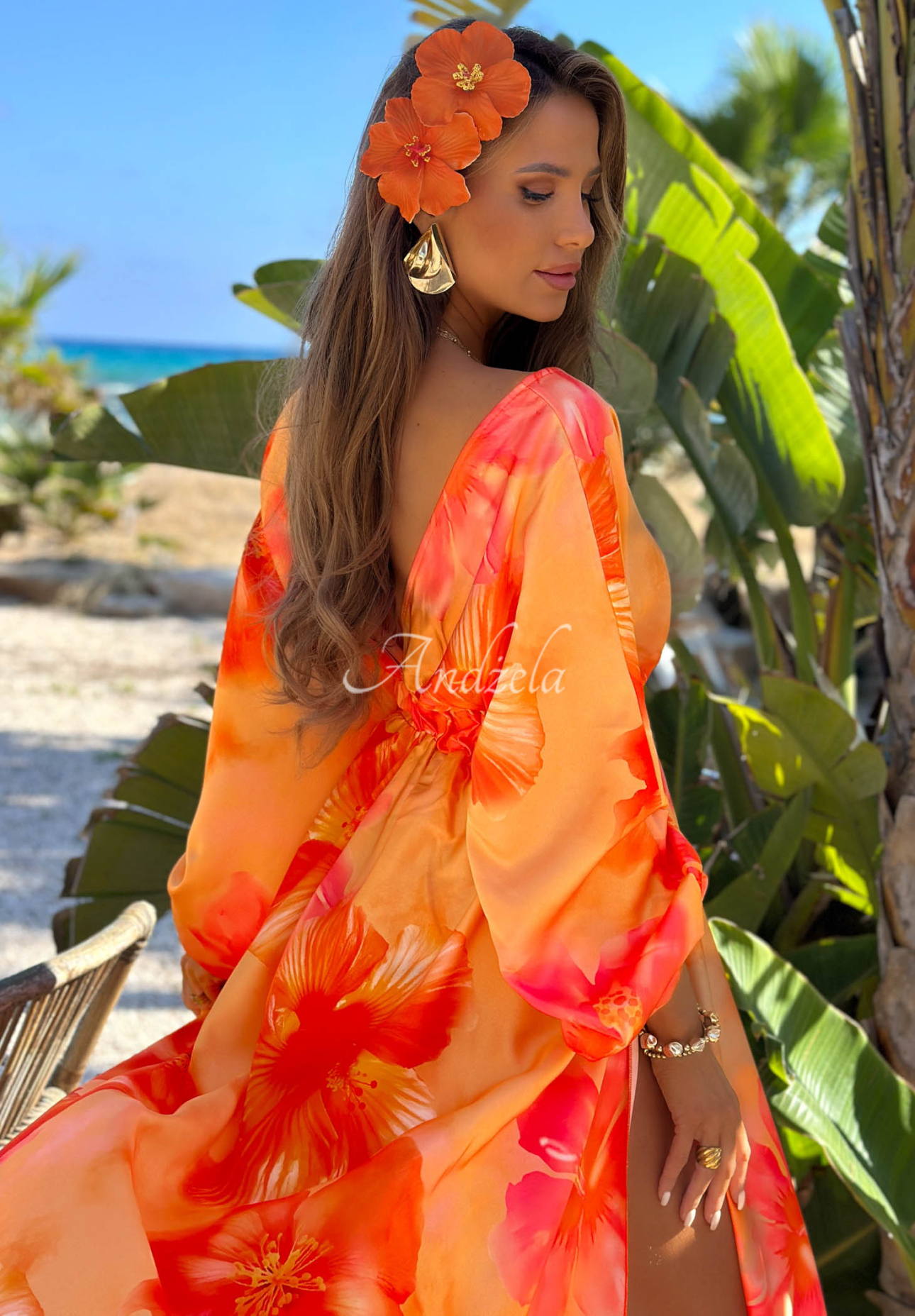 Maxikleid mit langen Ärmeln und Blumenmuster Aloha Bloom Orange