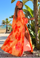 Kleid maxi z długimi rękawami w kwiaty Aloha Bloom Orange