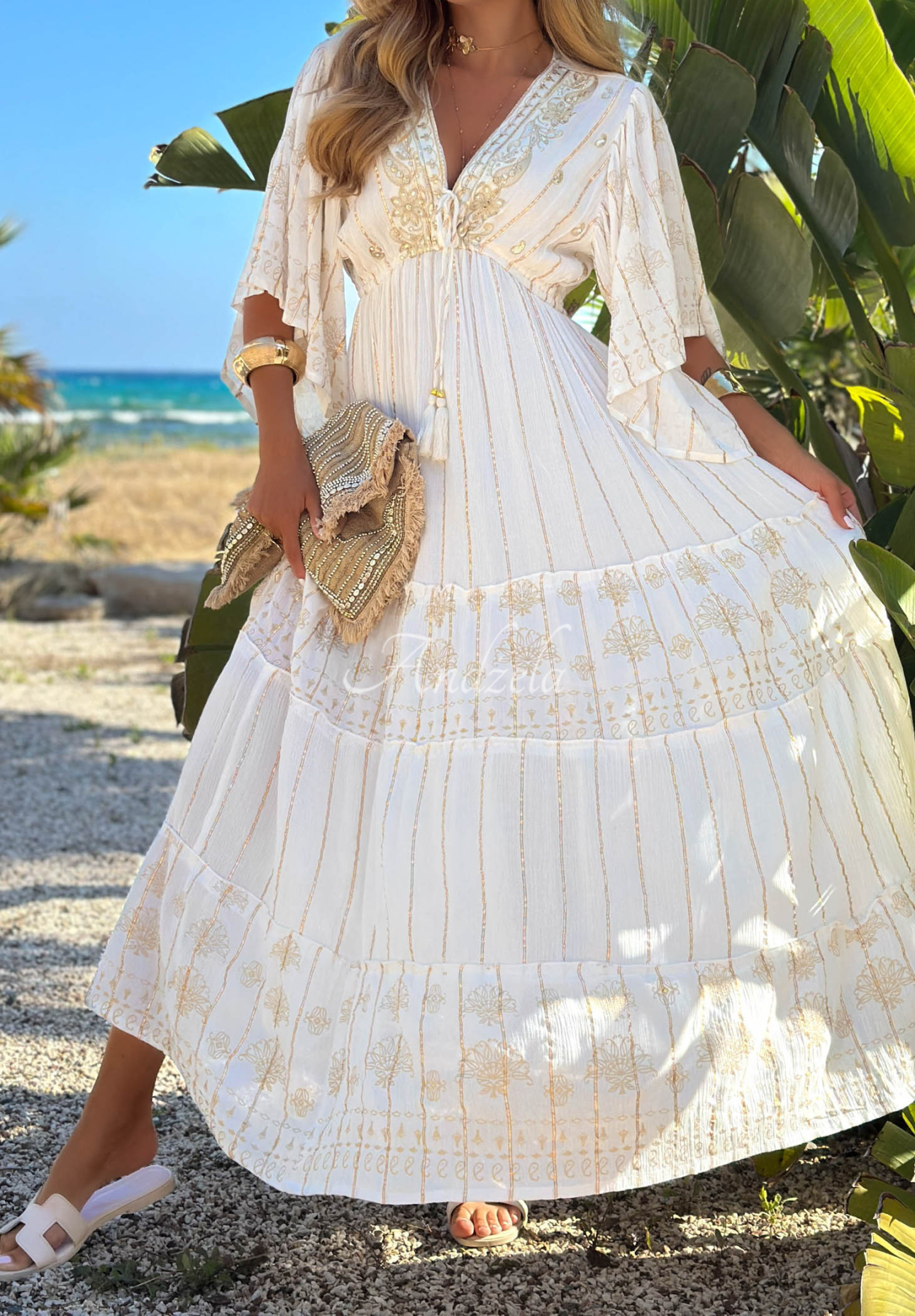 Viskosekleid mit Goldstickerei boho Palm Royale Ecru