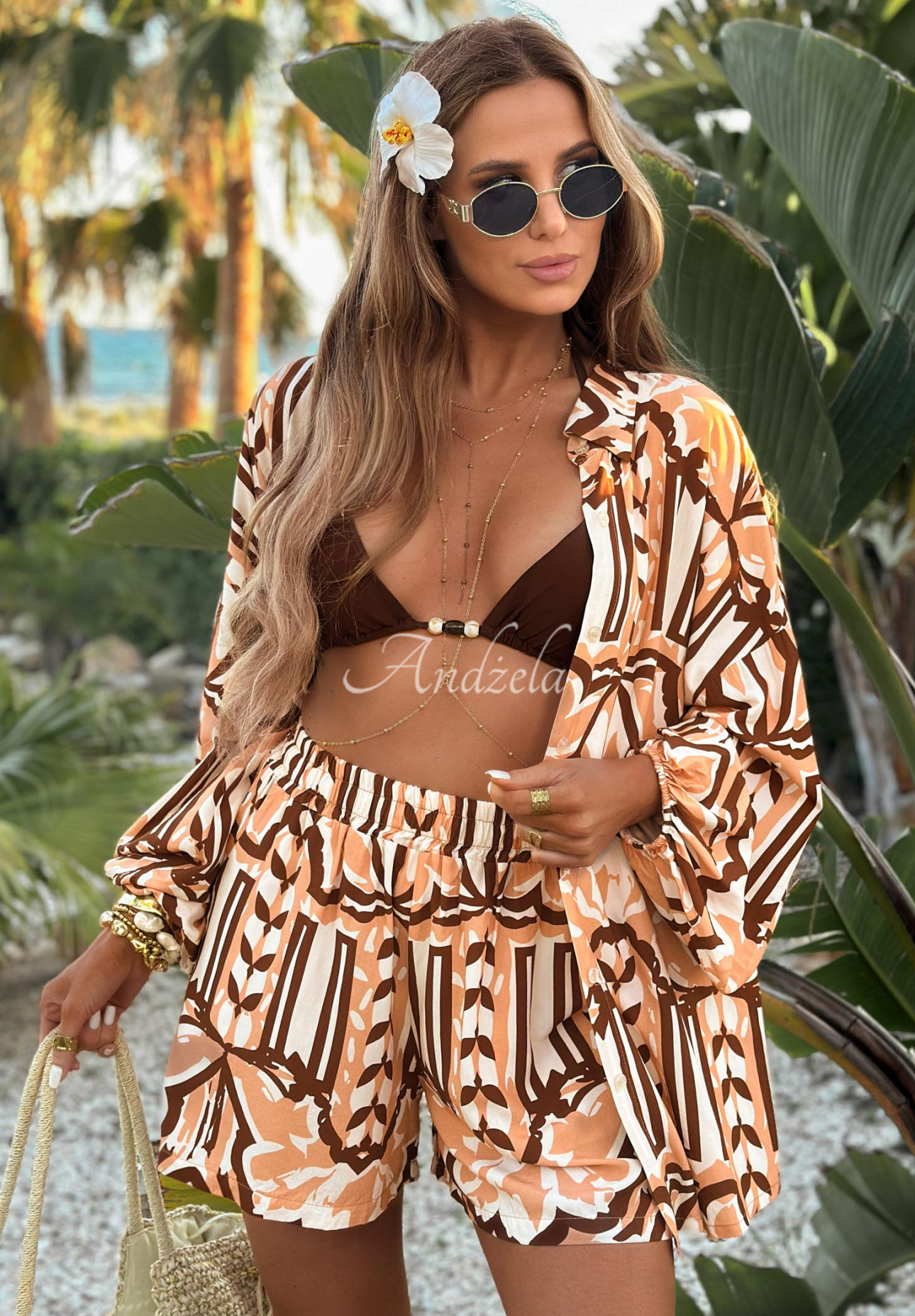 Viskose-Set aus Hemd und Shorts mit Muster Beach Dreams weiß-camel