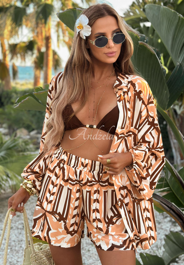 Viskose-Set aus Hemd und Shorts mit Muster Beach Dreams wei&szlig;-camel