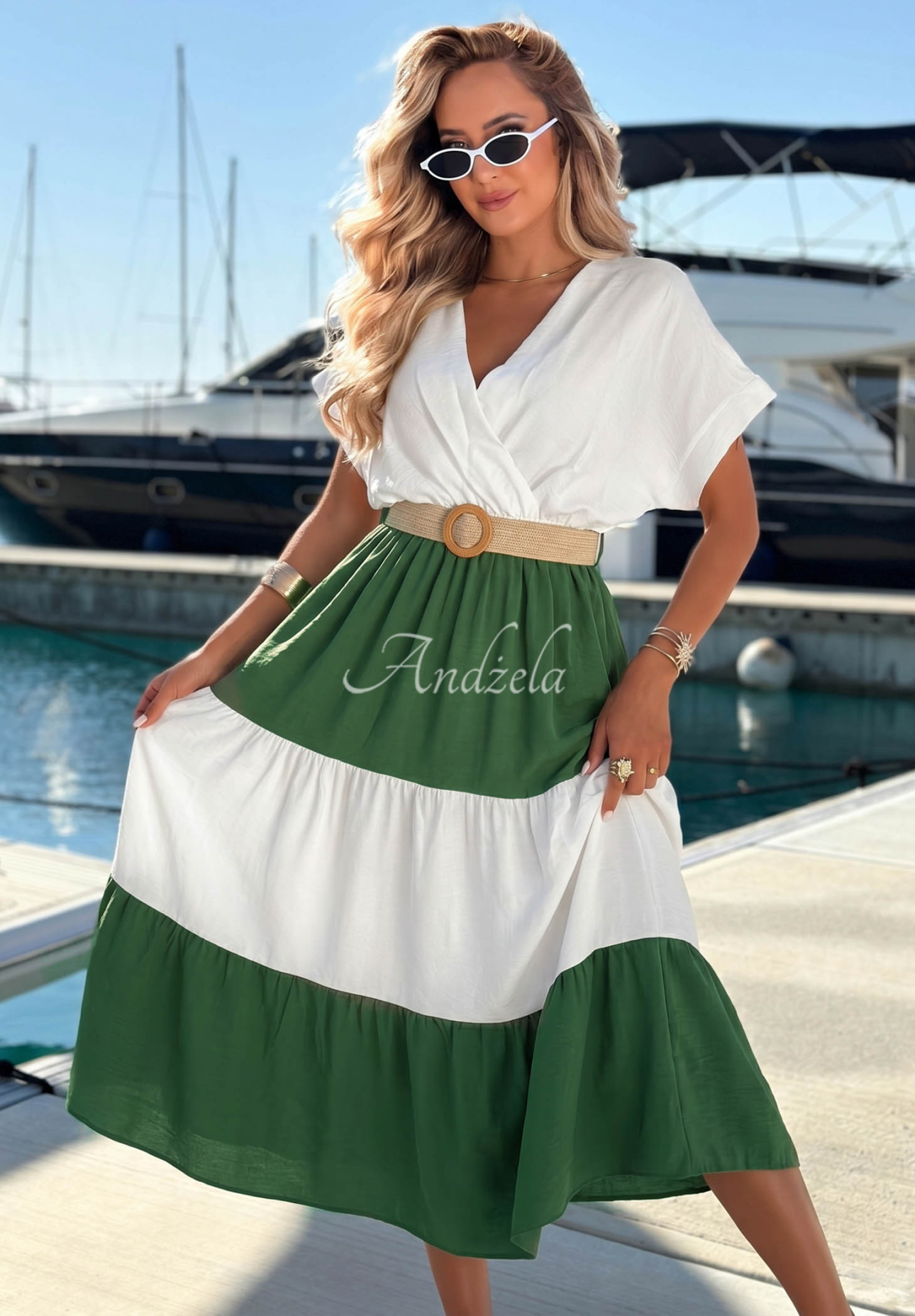 Midi-Kleid aus Viskose mit Gürtel Ocean Dream weiß-Khaki