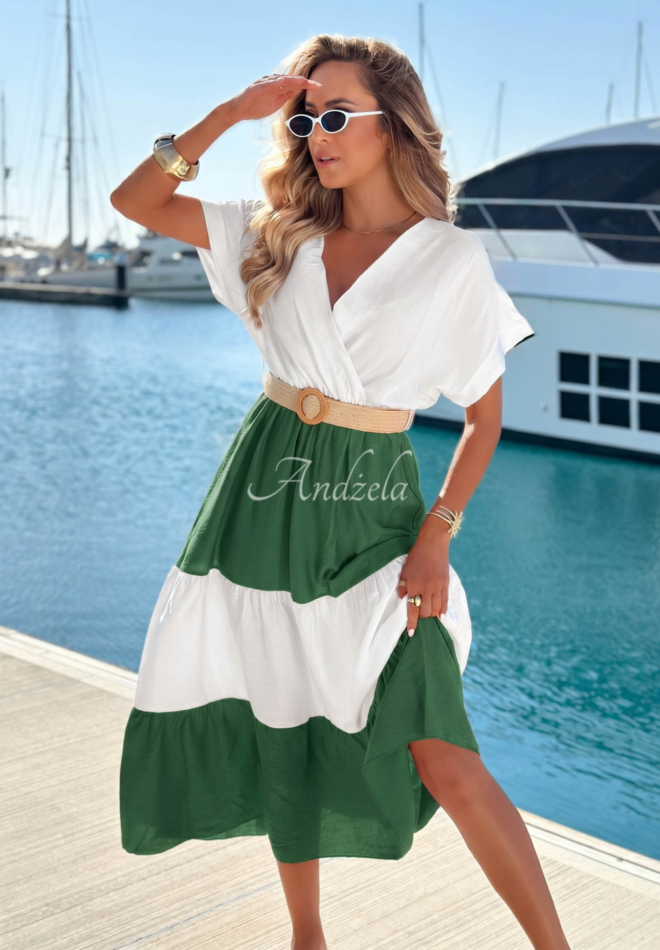 Midi-Kleid aus Viskose mit Gürtel Ocean Dream weiß-Khaki