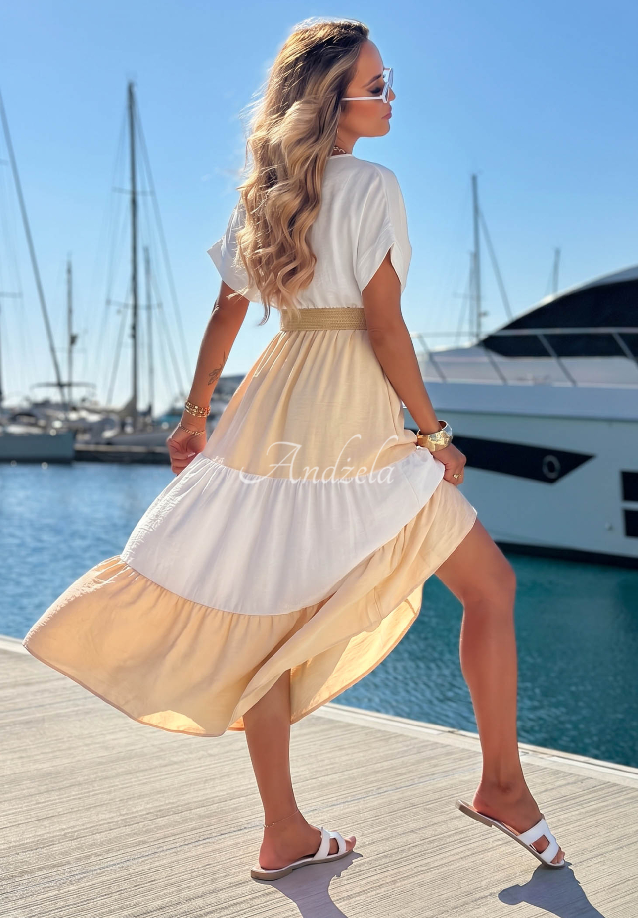 Midi-Kleid aus Viskose mit Gürtel Ocean Dream weiß-Beige