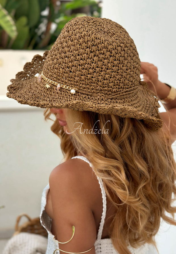 Geflochtener Hut mit Muscheln und Perlen Alyssa Camel
