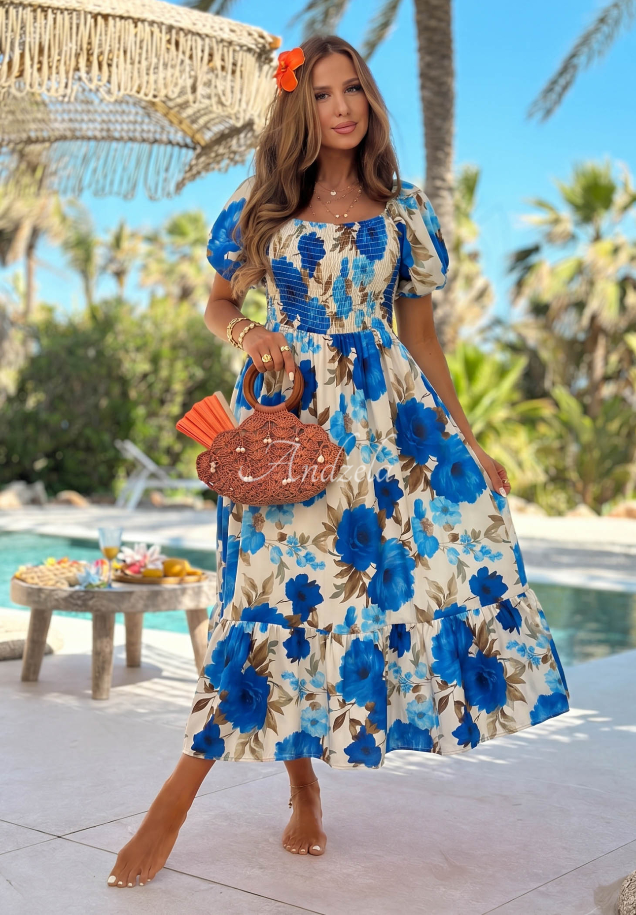 Offshoulder Maxikleid aus Viskose mit Blumenmuster und Rüschen Fiore Sole Beige-Blau