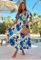 Kwiecista Kleid maxi z bufkami i falbankami Fiore Sole biało-Beige