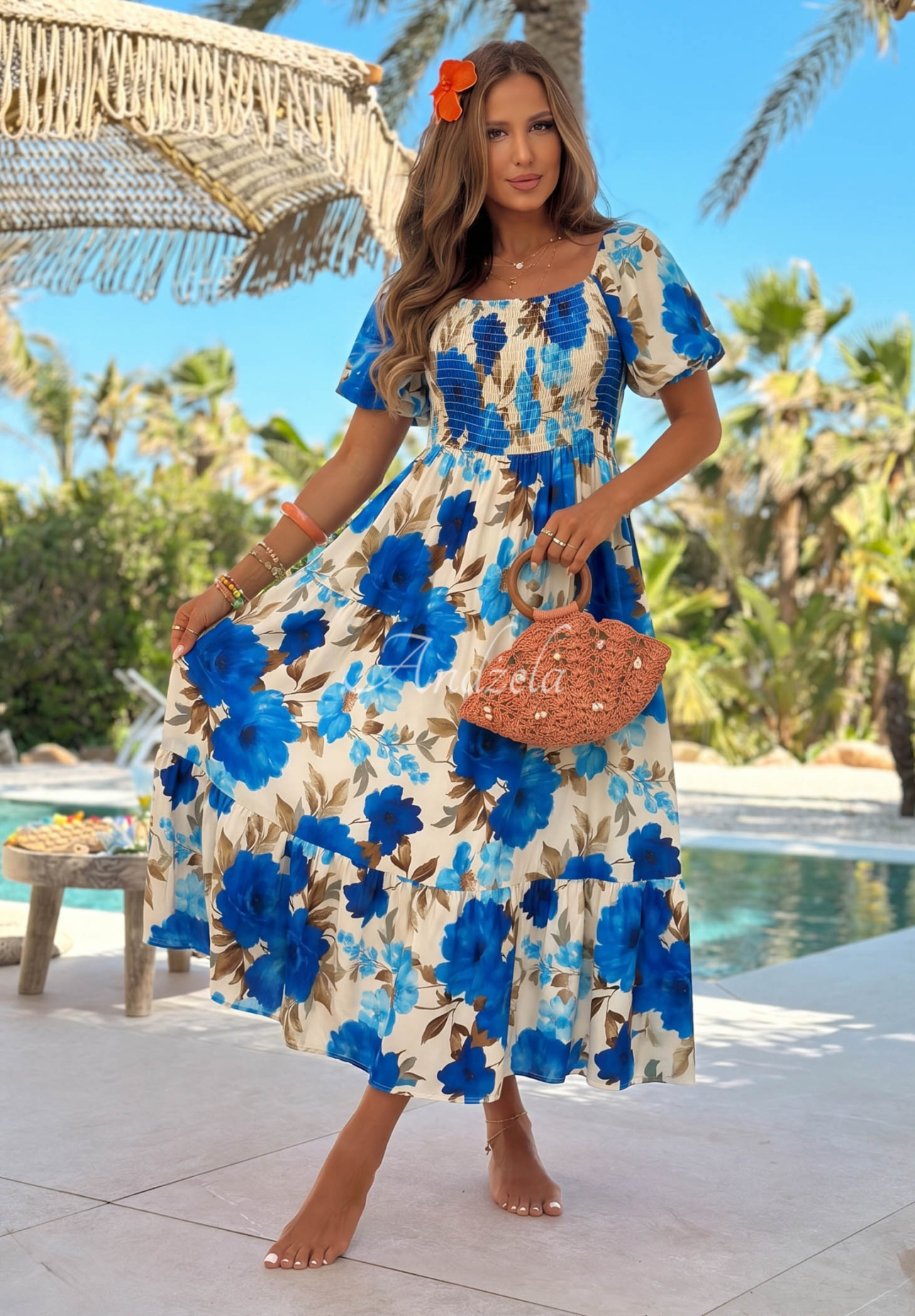 Offshoulder Maxikleid aus Viskose mit Blumenmuster und Rüschen Fiore Sole Beige-Blau