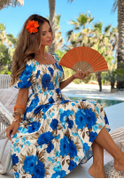 Kwiecista Kleid maxi z bufkami i falbankami Fiore Sole biało-Beige