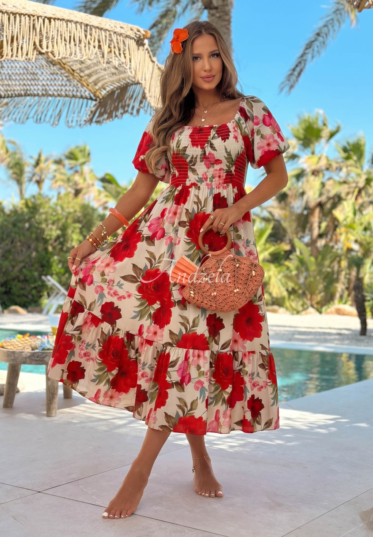 Offshoulder Maxikleid aus Viskose mit Blumenmuster und Rüschen Fiore Sole Beige-Rot