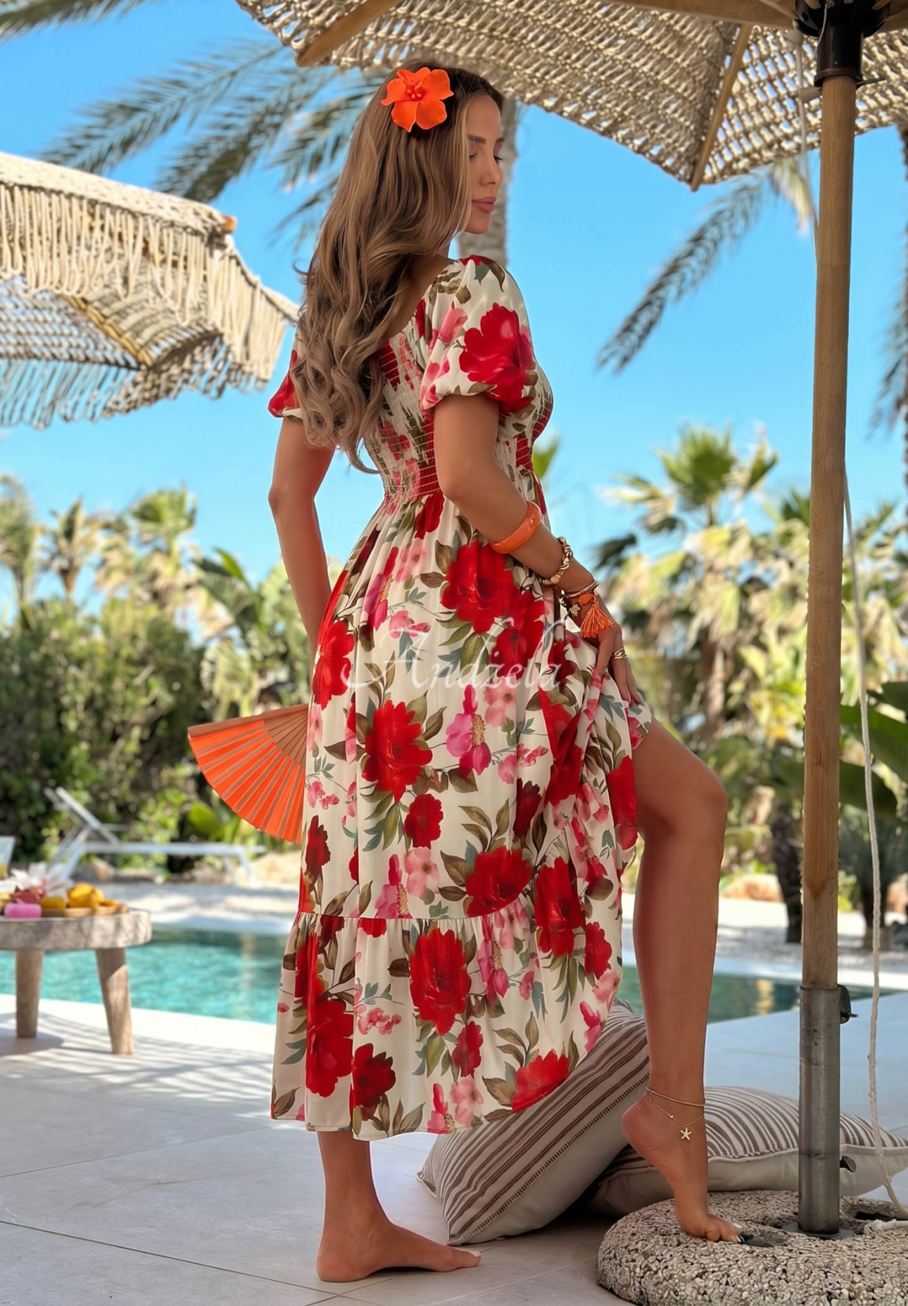 Offshoulder Maxikleid aus Viskose mit Blumenmuster und Rüschen Fiore Sole Beige-Rot