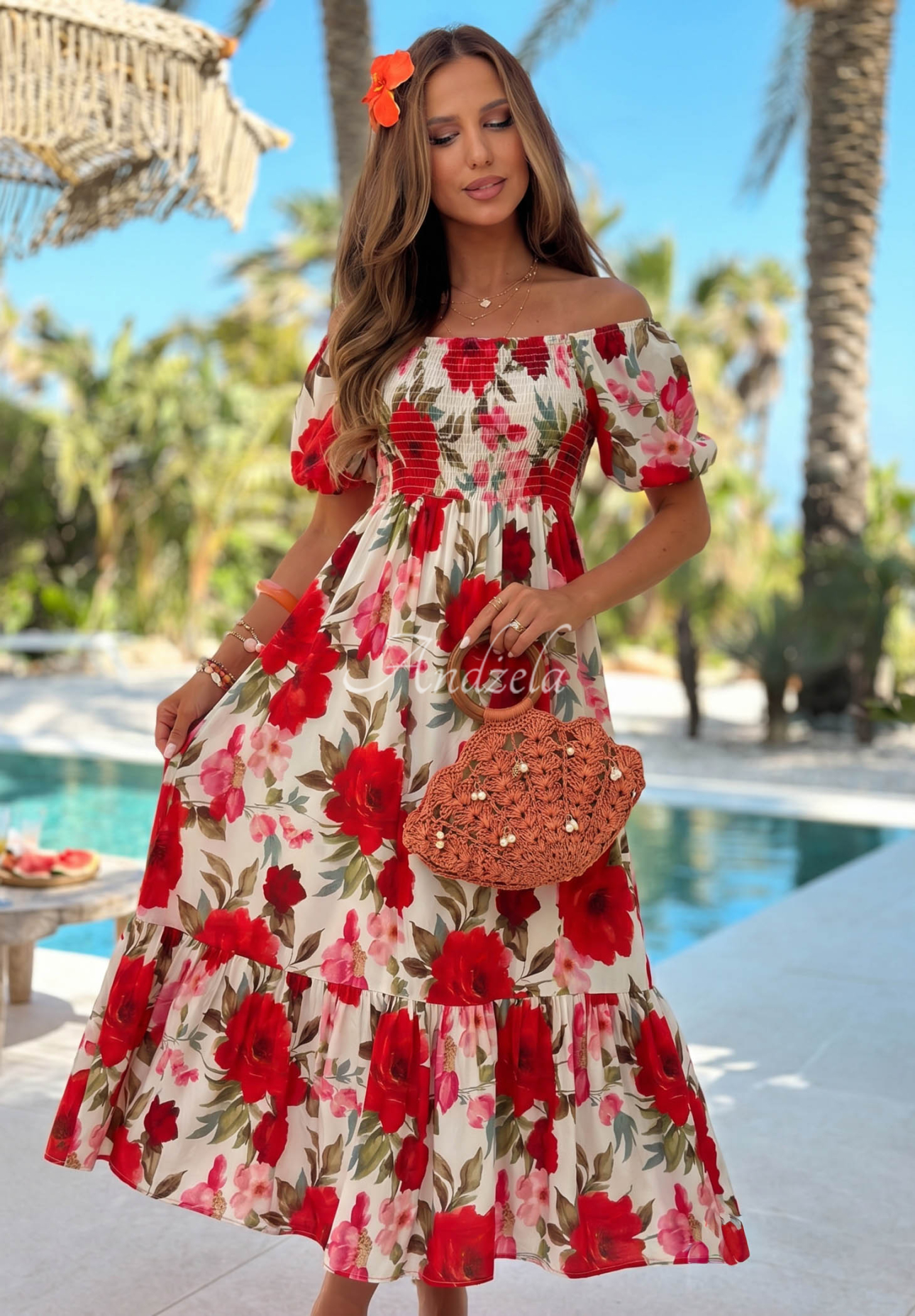Offshoulder Maxikleid aus Viskose mit Blumenmuster und Rüschen Fiore Sole Beige-Rot