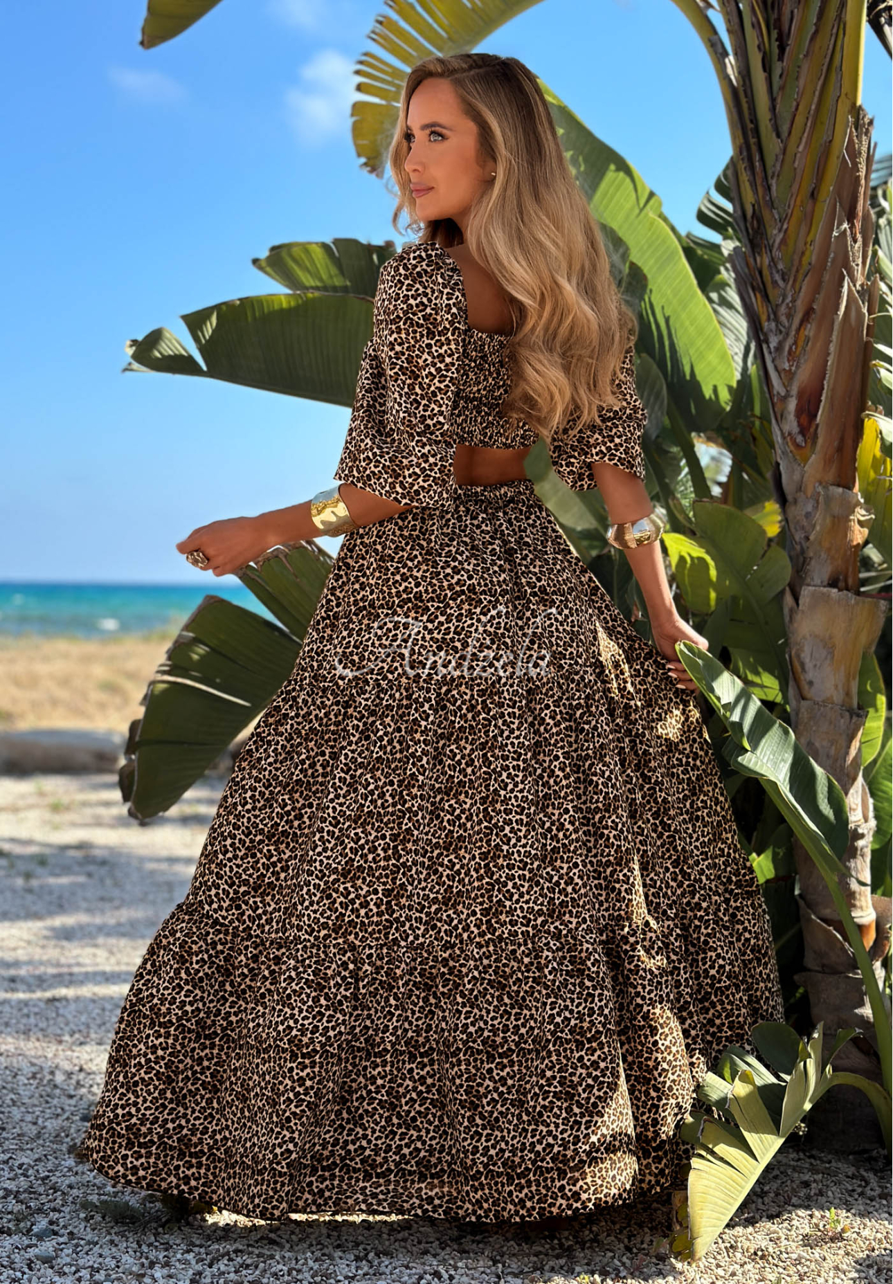 Viskose-Set mit Offshoulder Bluse und Rock mit Leopardenmuster Sand Panther Beige