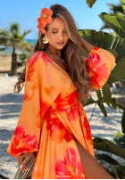 Kleid maxi z długimi rękawami w kwiaty Aloha Bloom Orange