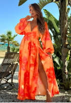 Kleid maxi z długimi rękawami w kwiaty Aloha Bloom Orange