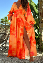 Kleid maxi z długimi rękawami w kwiaty Aloha Bloom Orange