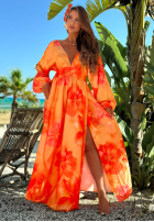 Kleid maxi z długimi rękawami w kwiaty Aloha Bloom Orange