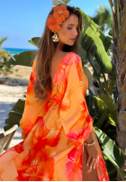Kleid maxi z długimi rękawami w kwiaty Aloha Bloom Orange
