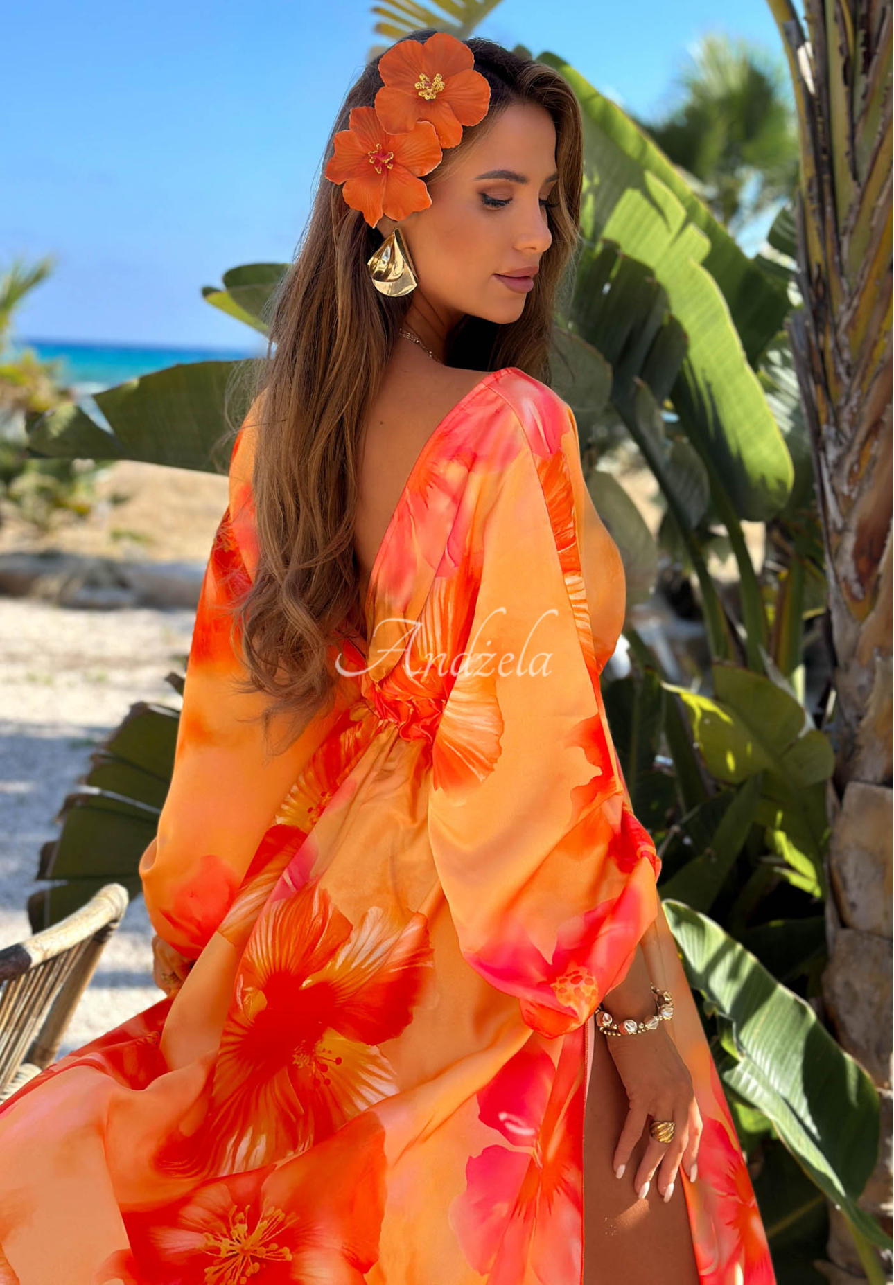 Maxikleid mit langen Ärmeln und Blumenmuster Aloha Bloom Orange