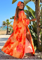 Kleid maxi z długimi rękawami w kwiaty Aloha Bloom Orange
