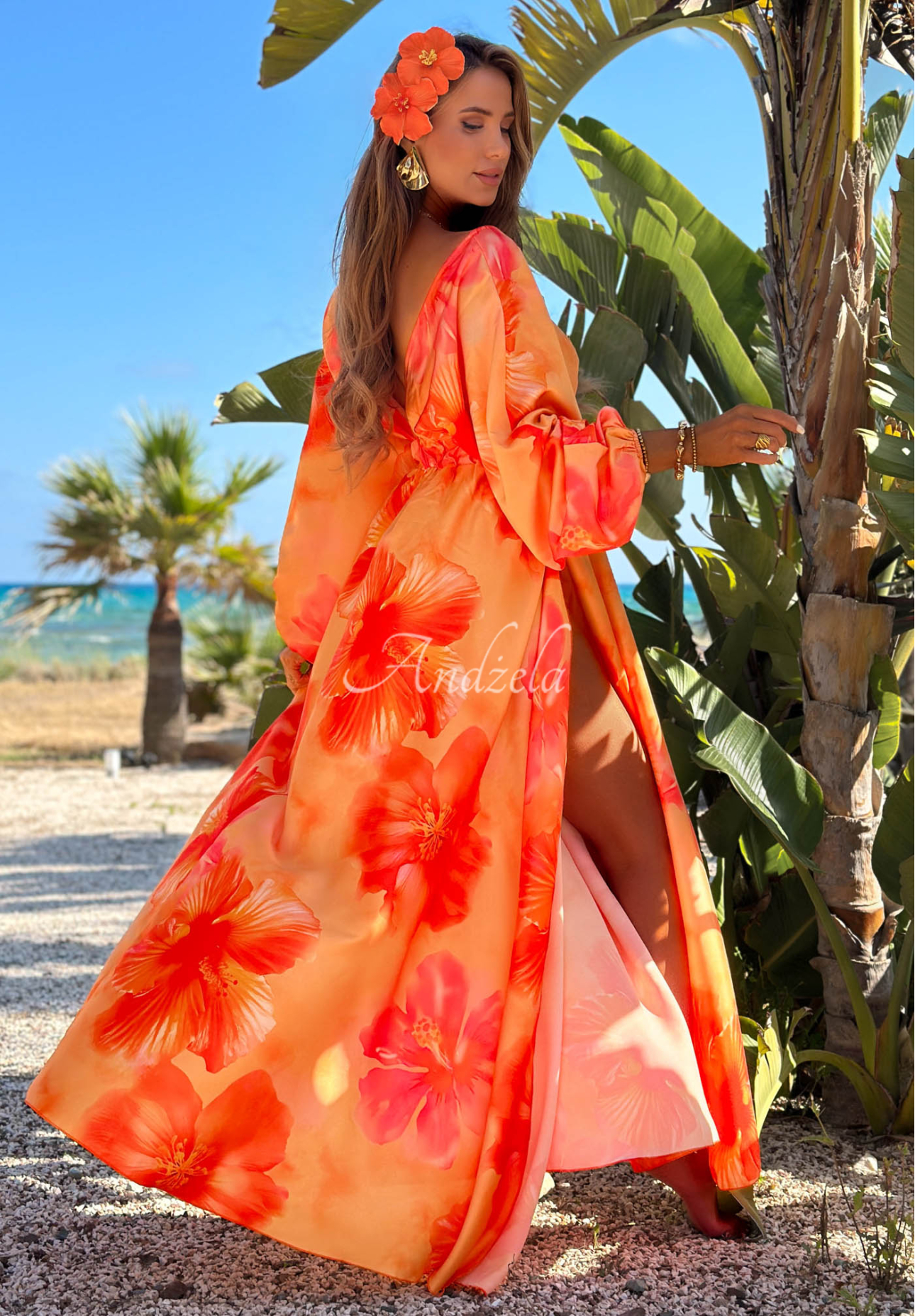 Maxikleid mit langen Ärmeln und Blumenmuster Aloha Bloom Orange