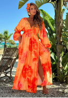 Kleid maxi z długimi rękawami w kwiaty Aloha Bloom Orange