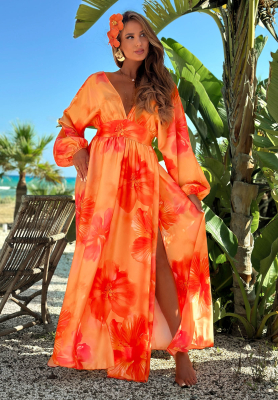 Maxikleid mit langen &Auml;rmeln und Blumenmuster Aloha Bloom Orange
