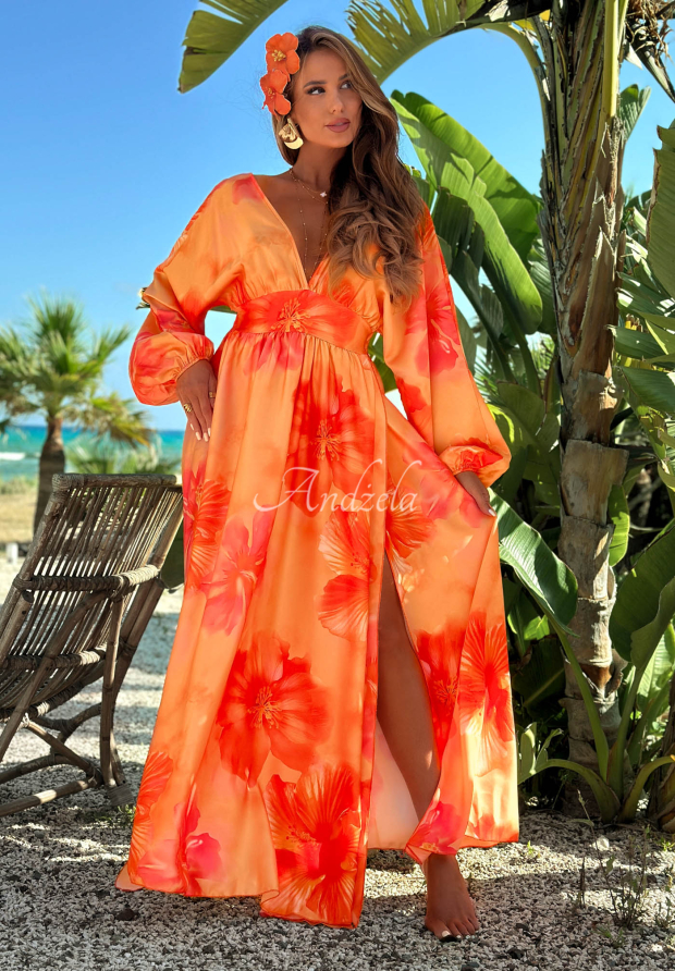 Maxikleid mit langen &Auml;rmeln und Blumenmuster Aloha Bloom Orange