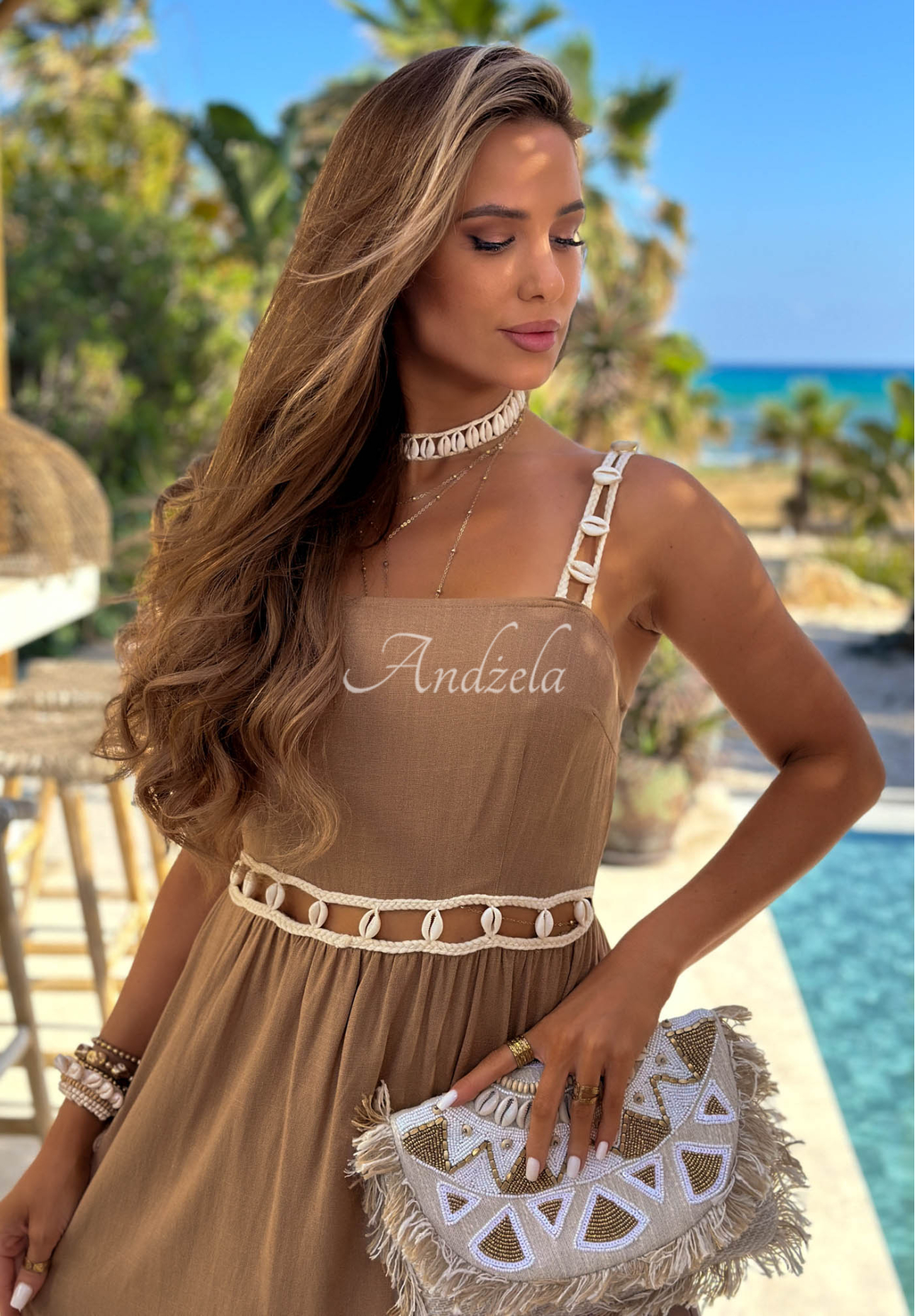 Trägerkleid mit Muscheln und Leinen Golden Shell Camel