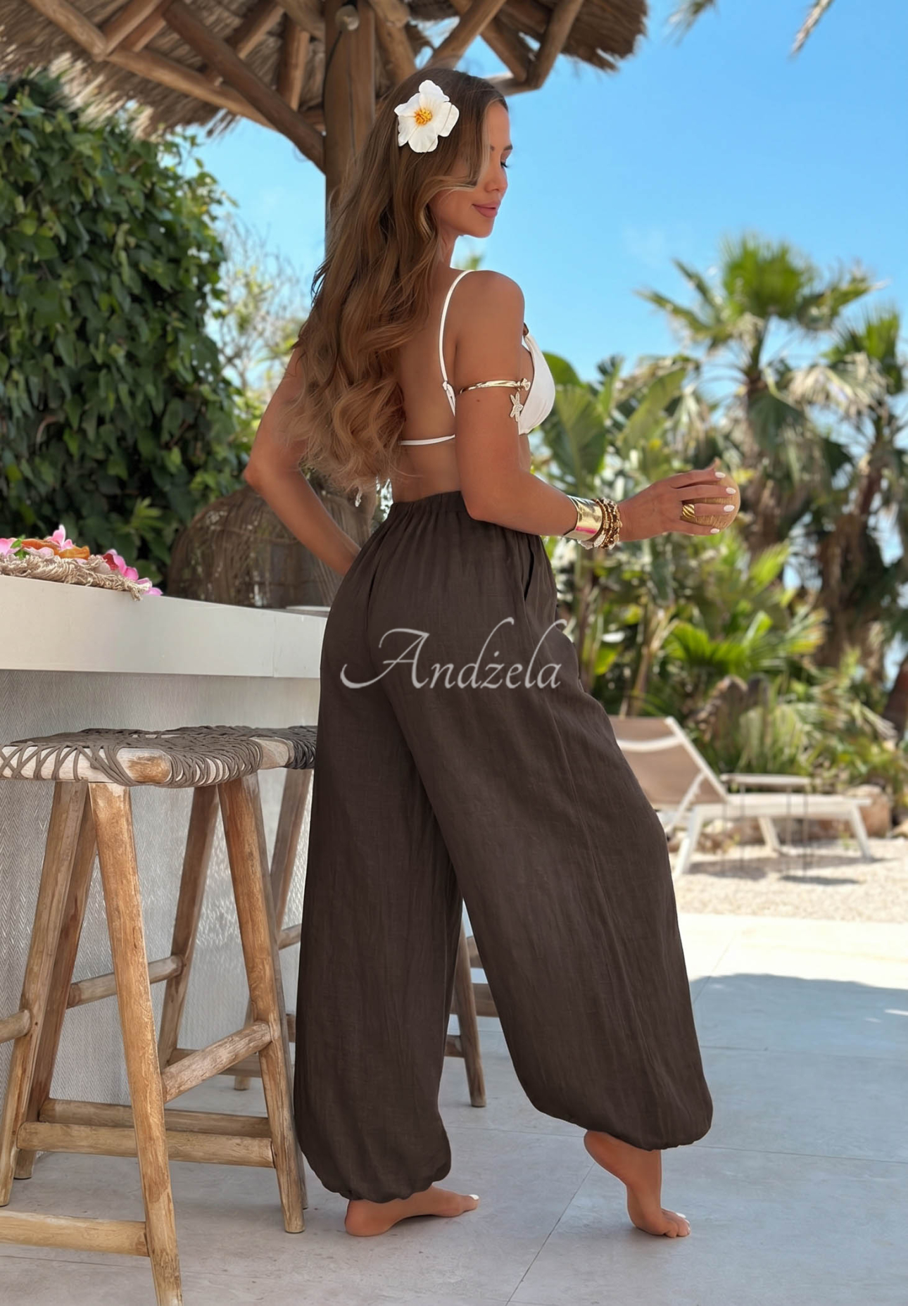 Leinen-Haremshose mit Bündchen Sun Outfit Schokoladenbraun