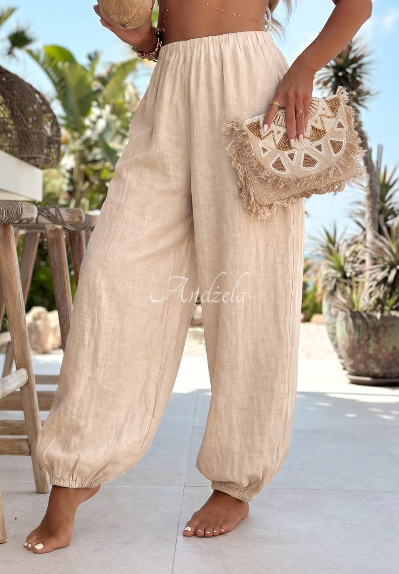 Leinen-Haremshose mit Bündchen Sun Outfit Beige