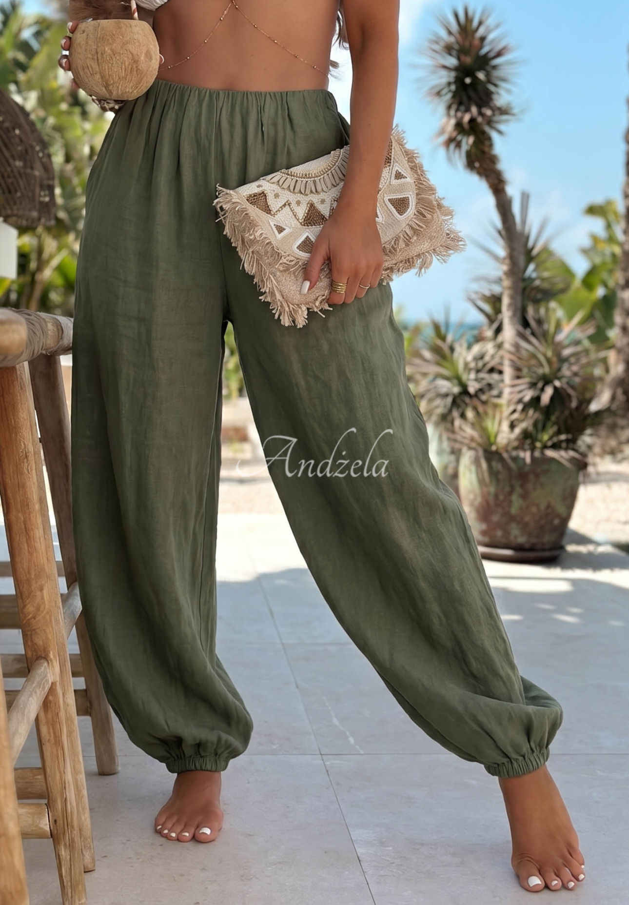 Leinen-Haremshose mit Bündchen Sun Outfit Khaki