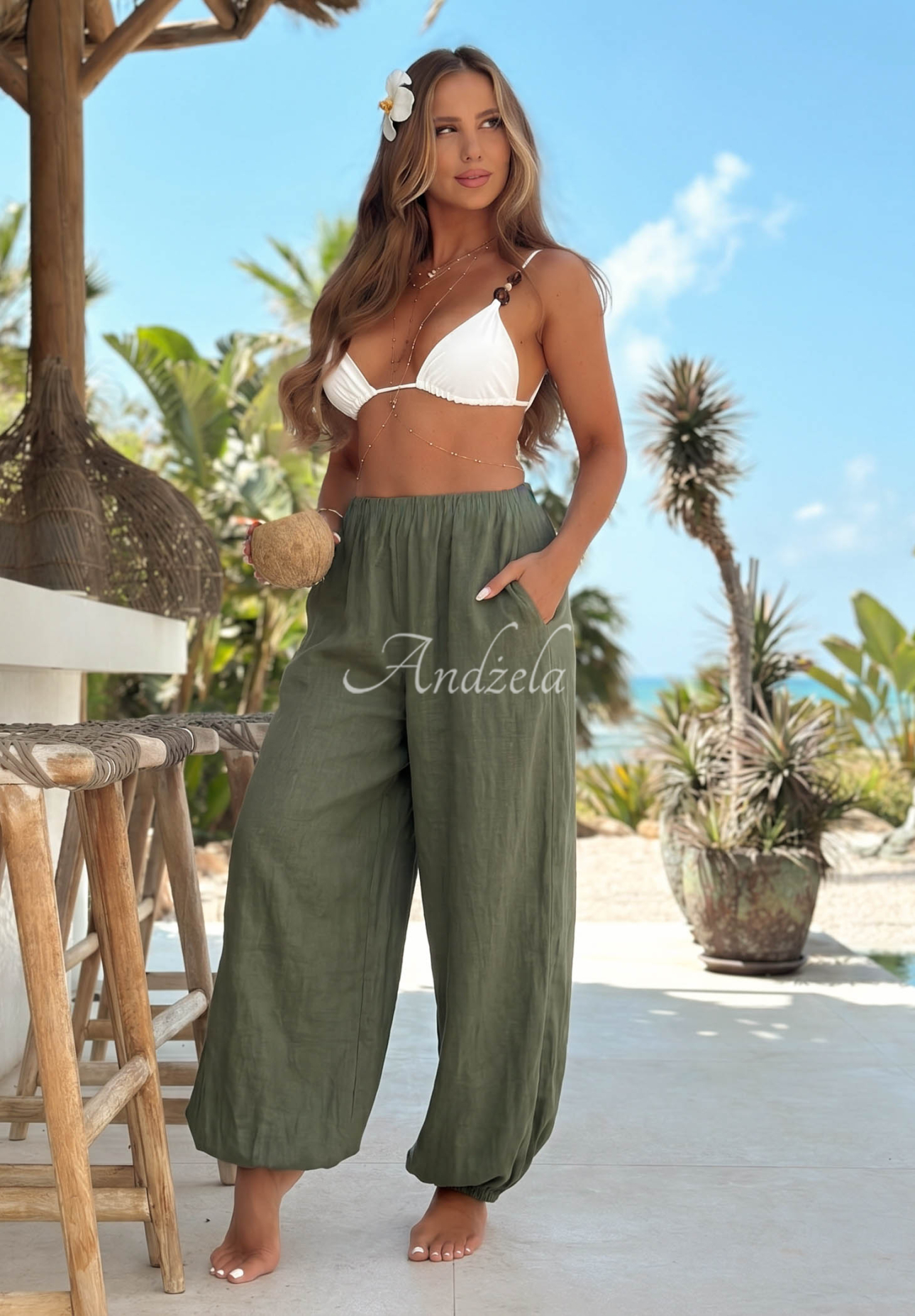 Leinen-Haremshose mit Bündchen Sun Outfit Khaki