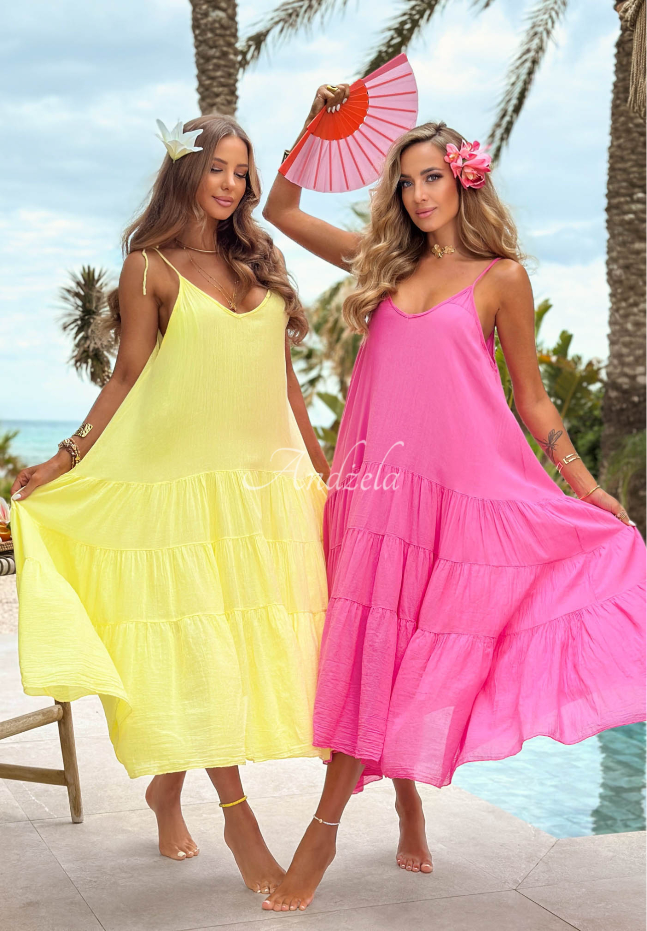 Luftiges Baumwollkleid mit Trägern und Rüschen Hot Waves Rosa