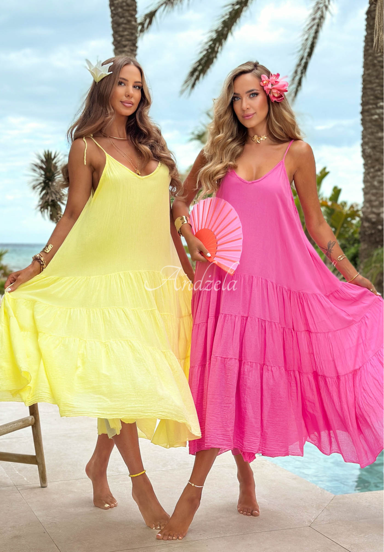 Luftiges Baumwollkleid mit Trägern und Rüschen Hot Waves Rosa