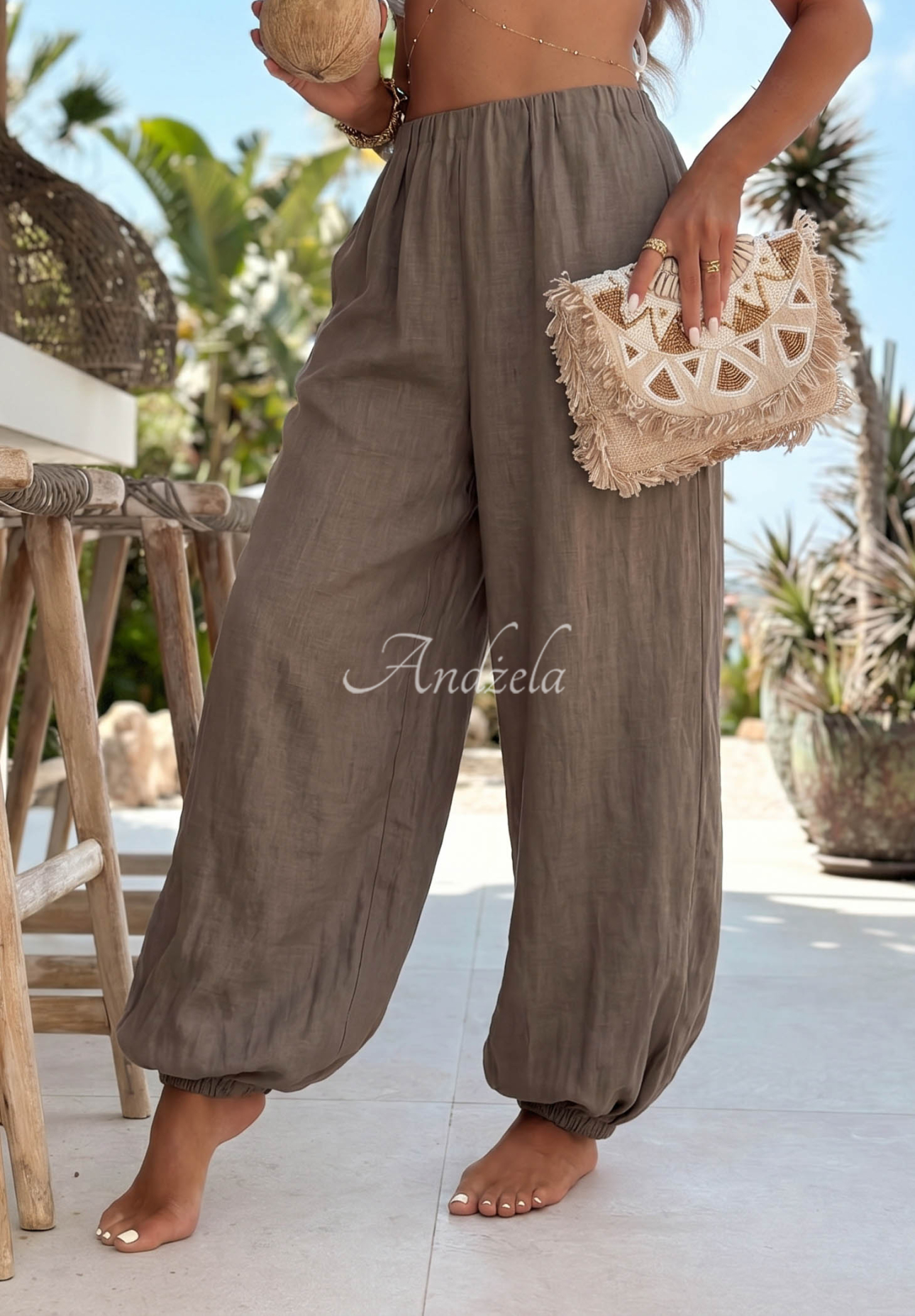 Leinen-Haremshose mit Bündchen Sun Outfit Mokkafarben