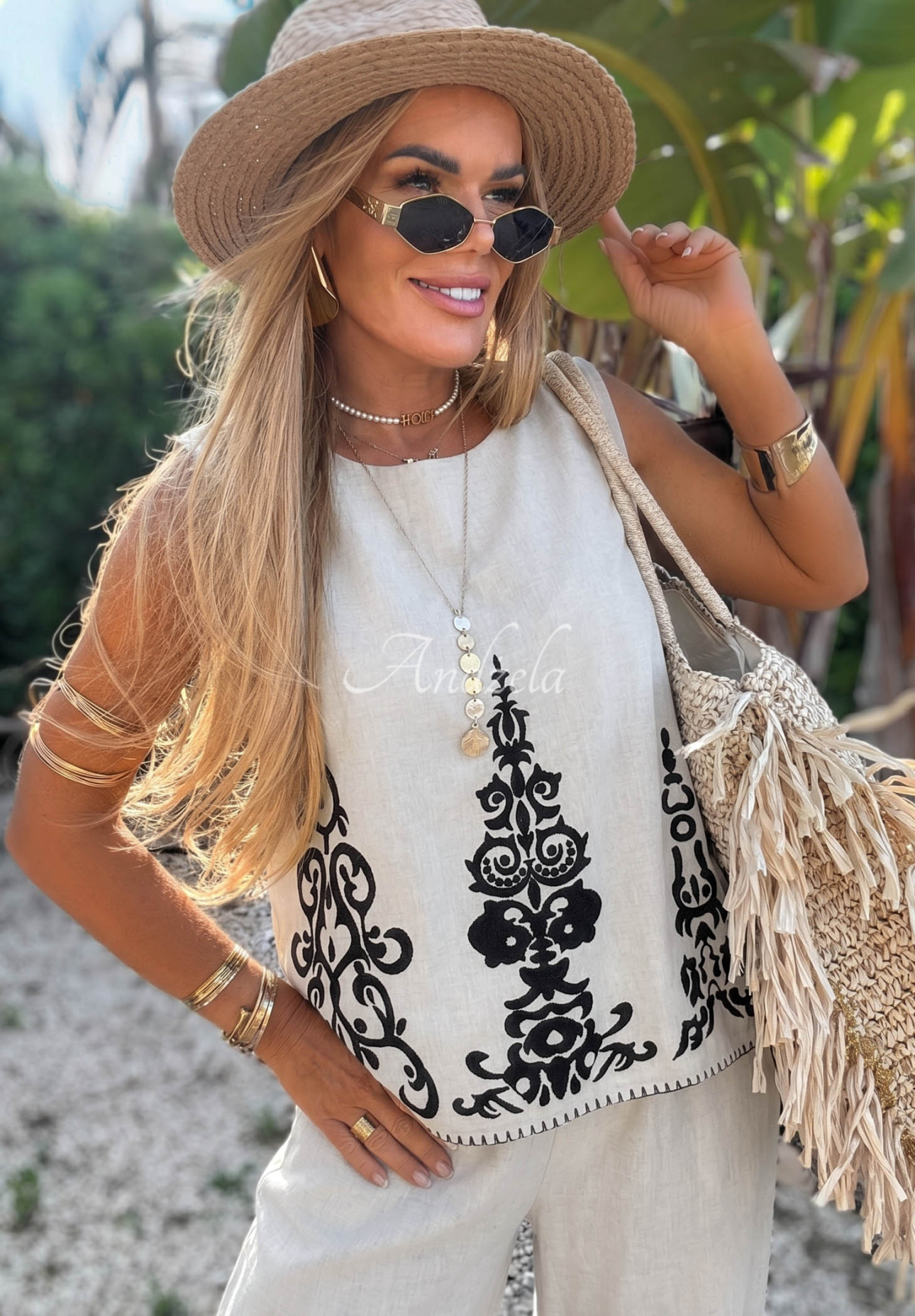 Baumwoll-Set aus gemustertem Oberteil und Hose wide leg Palm Residence Hellgrau