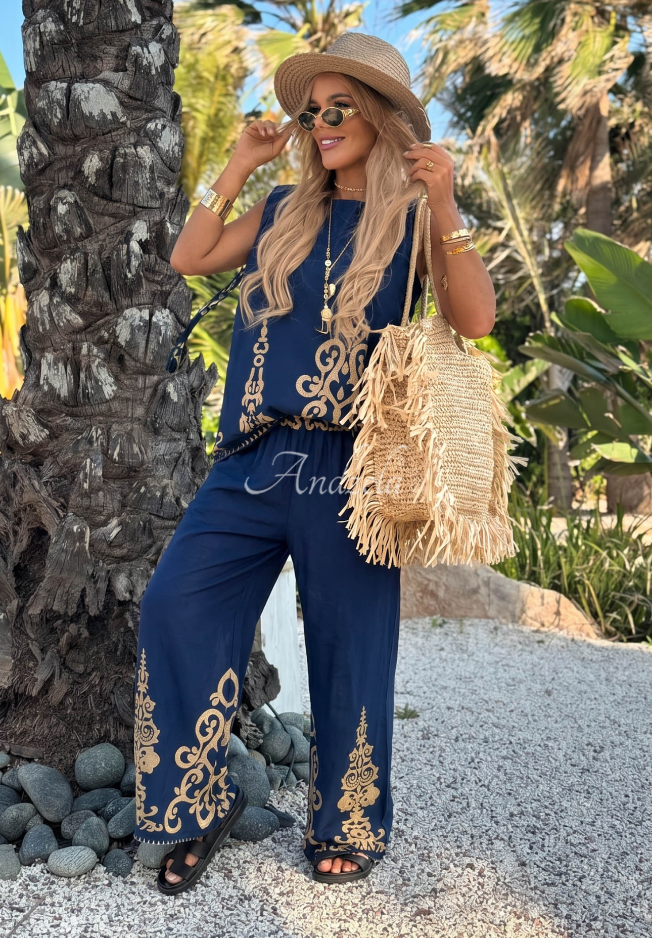 Baumwoll-Set aus gemustertem Oberteil und Hose wide leg Palm Residence Dunkelblau