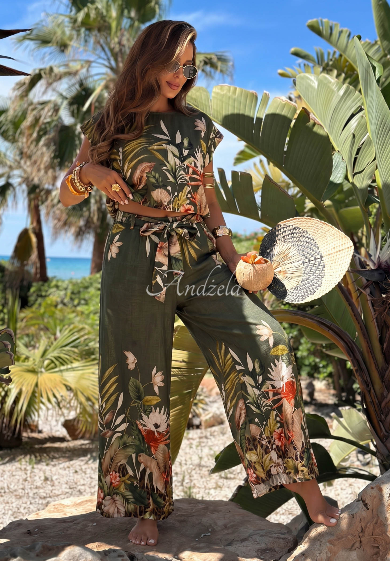 Gemustertes Set Bluse und Hose mit weitem Bein aus Viskose Tropical Flora Khaki