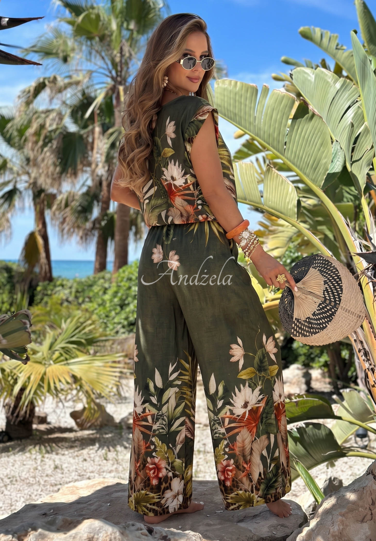 Gemustertes Set Bluse und Hose mit weitem Bein aus Viskose Tropical Flora Khaki