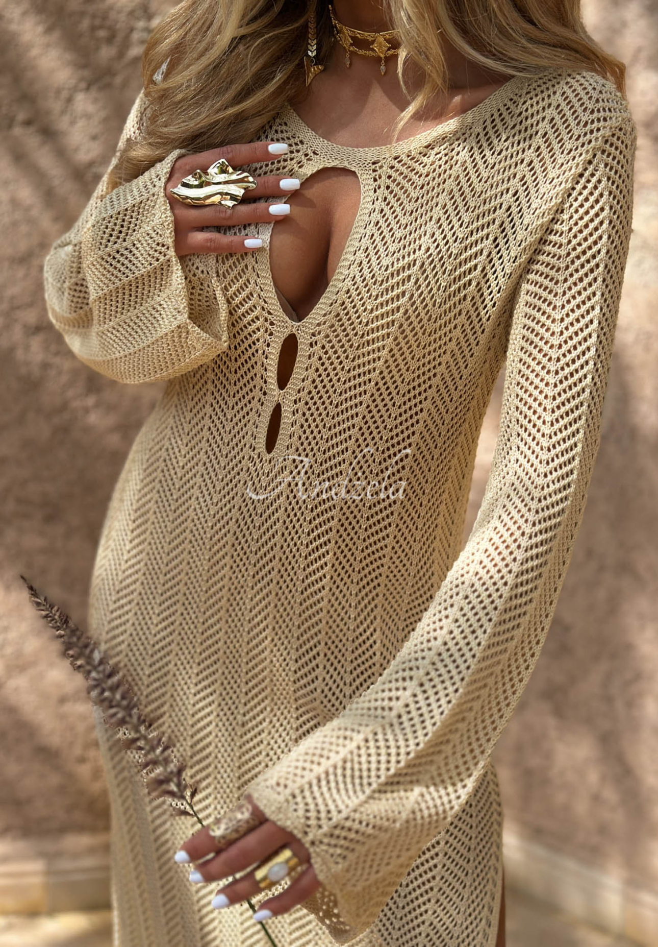 Durchbrochenes Maxikleid boho Morocco by Jaqueline Beige