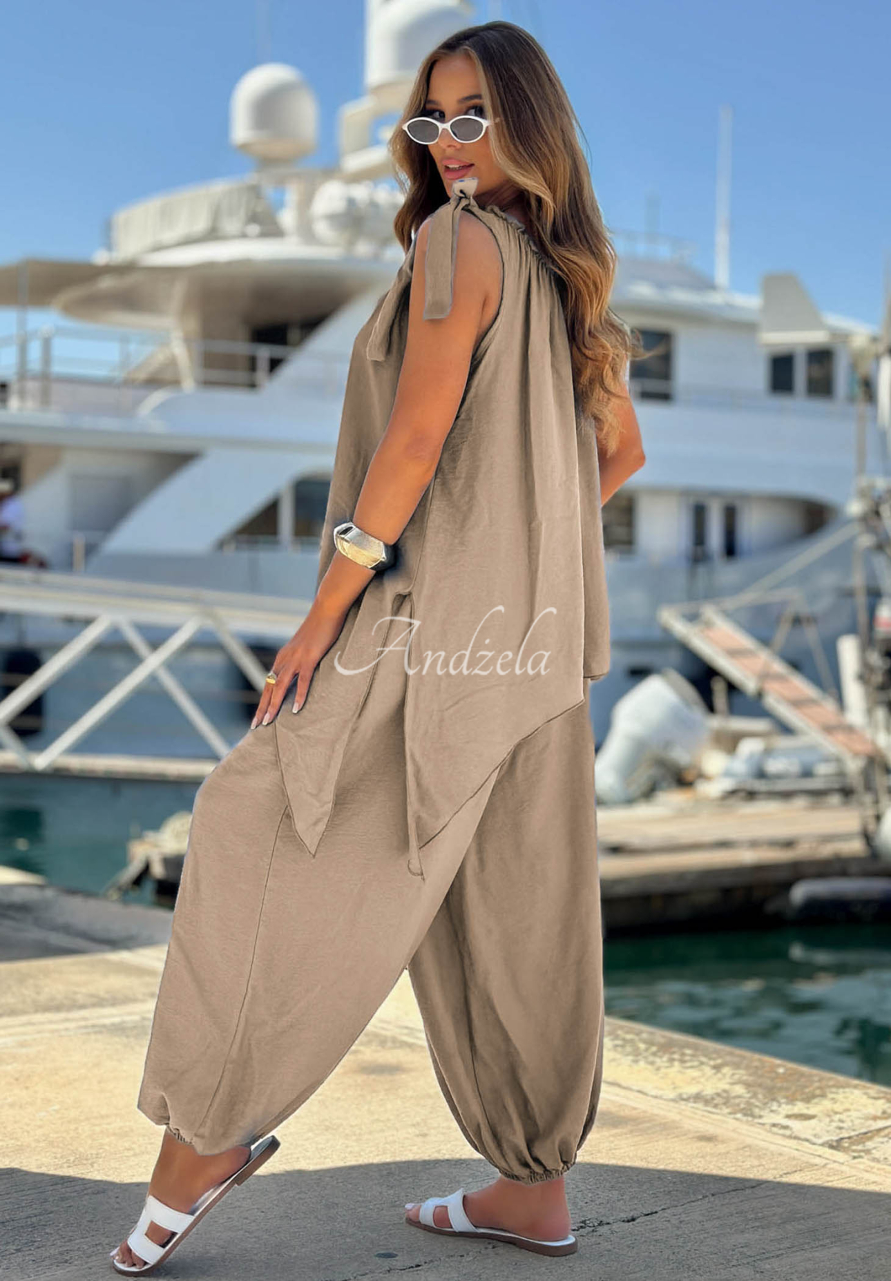 Viskose-Set aus Bluse und Jogginghose Sun Flame Mokkafarben