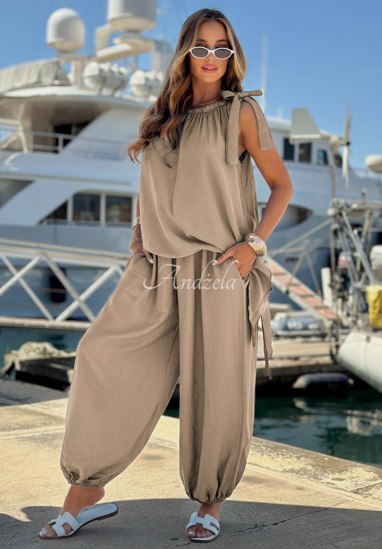Viskose-Set aus Bluse und Jogginghose Sun Flame Mokkafarben