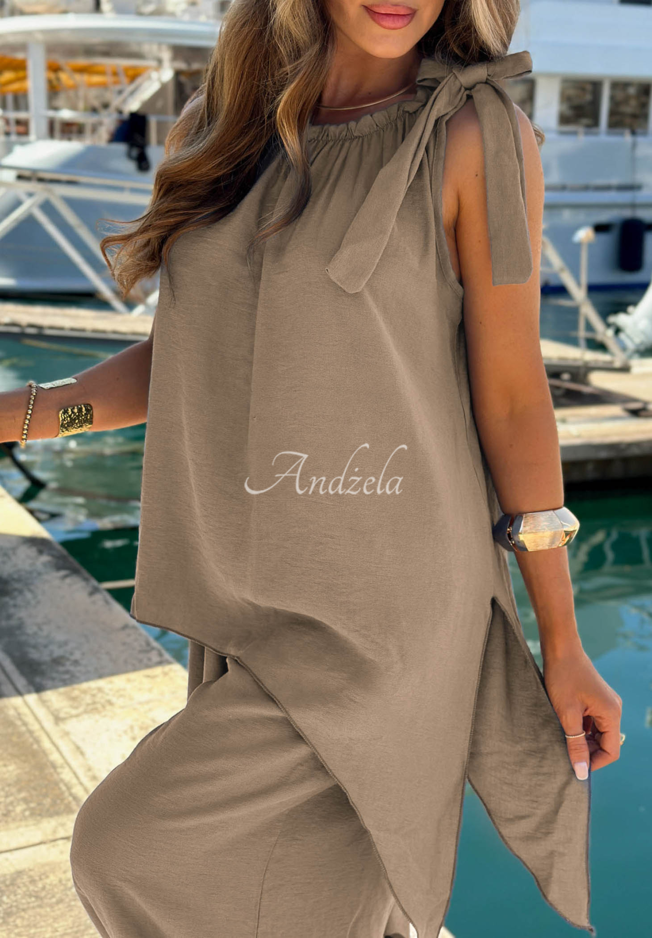 Viskose-Set aus Bluse und Jogginghose Sun Flame Mokkafarben
