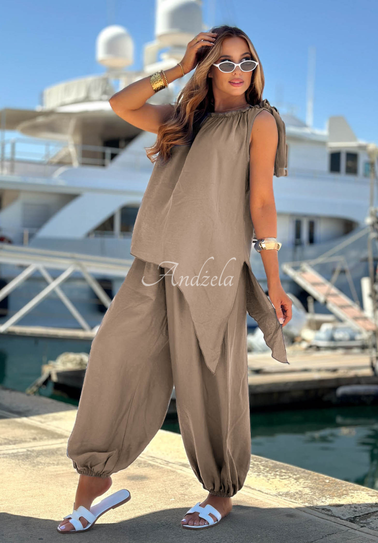Viskose-Set aus Bluse und Jogginghose Sun Flame Mokkafarben