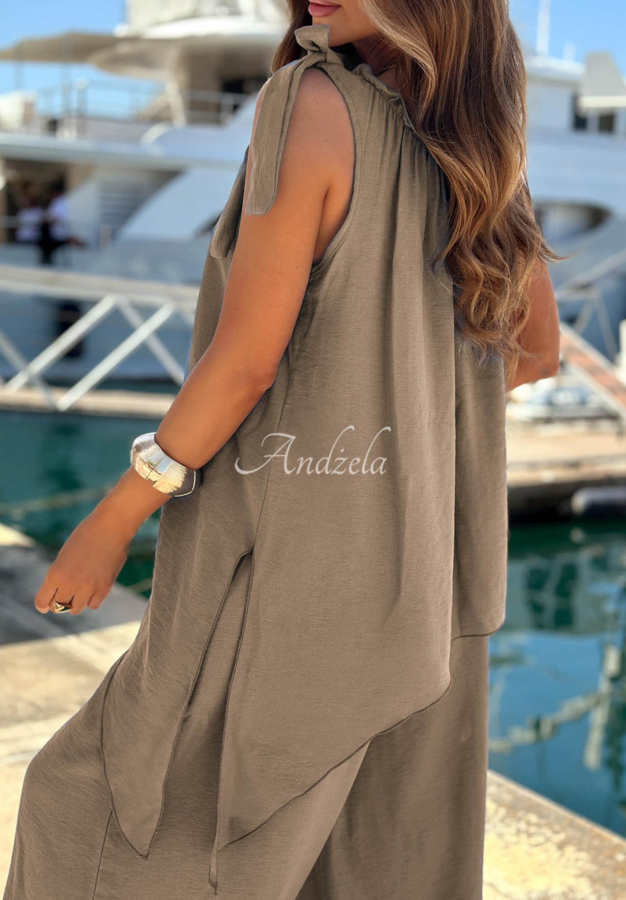 Viskose-Set aus Bluse und Jogginghose Sun Flame Mokkafarben