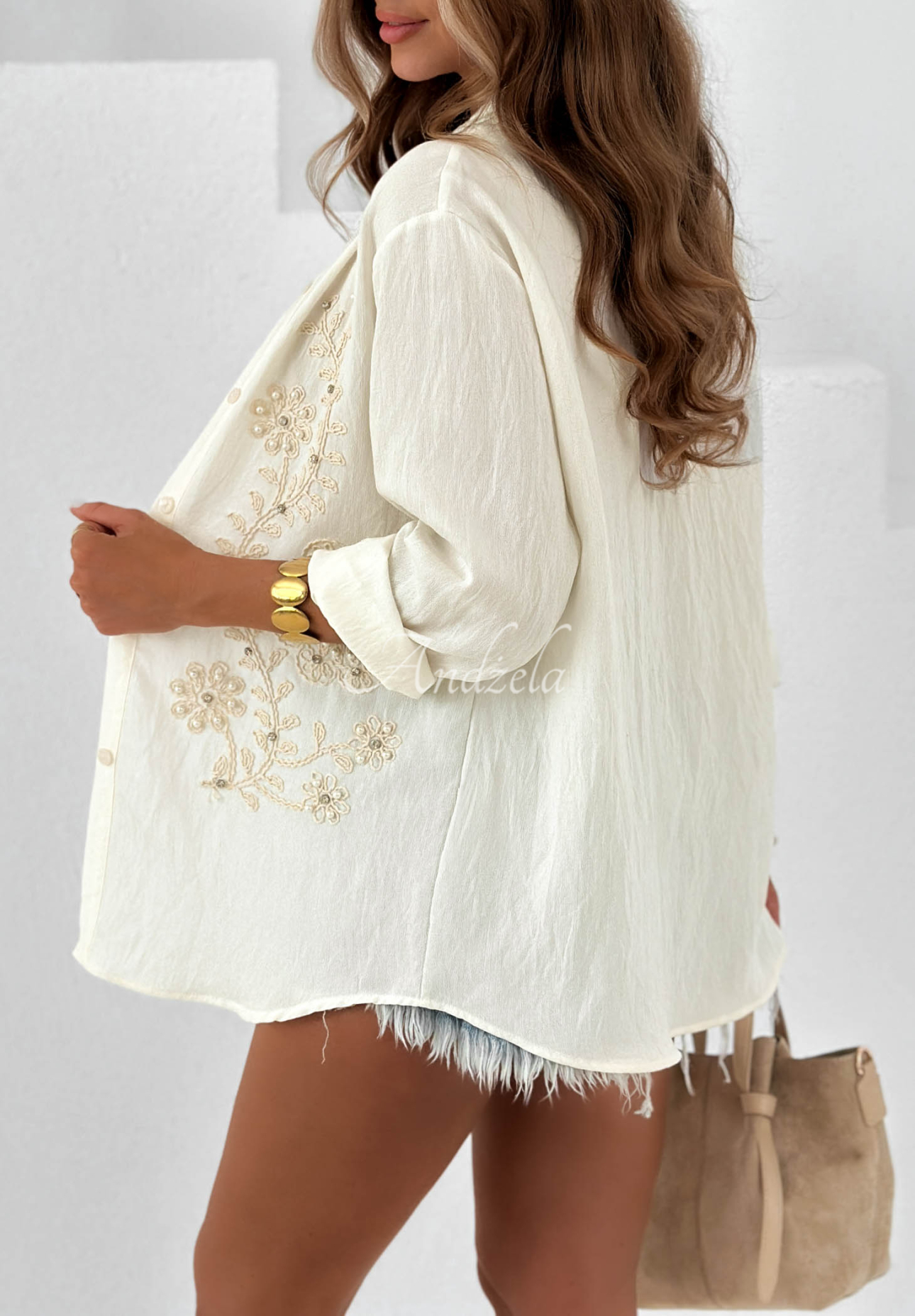 Besticktes Hemd boho Ocean Villa Ecru