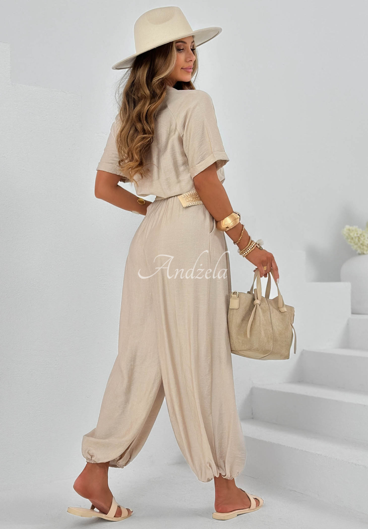 Langer Viskose-Overall mit Gürtel Ocean Sun Beige