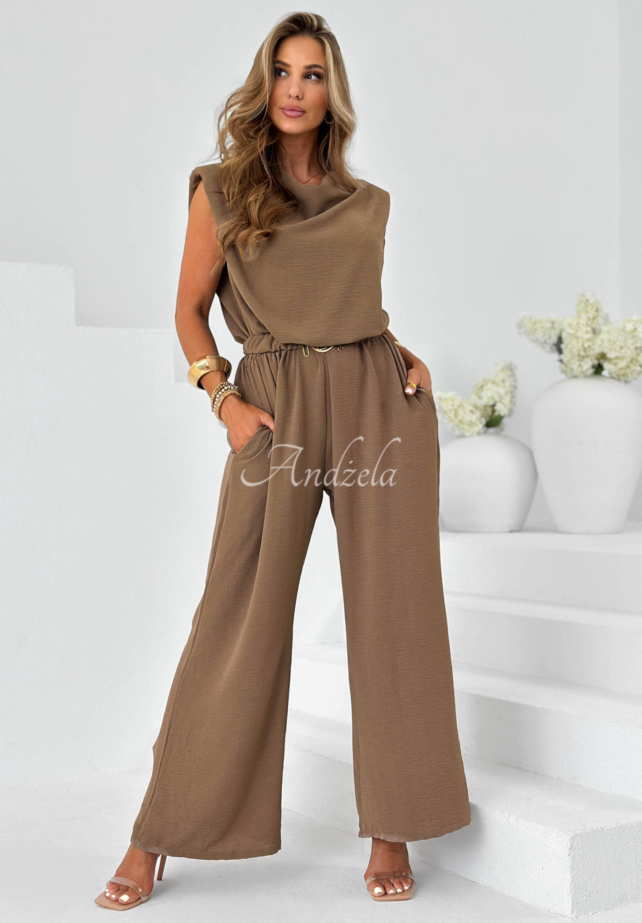Langer Jumpsuit mit Viskose und Gürtel Sun Moment Beige