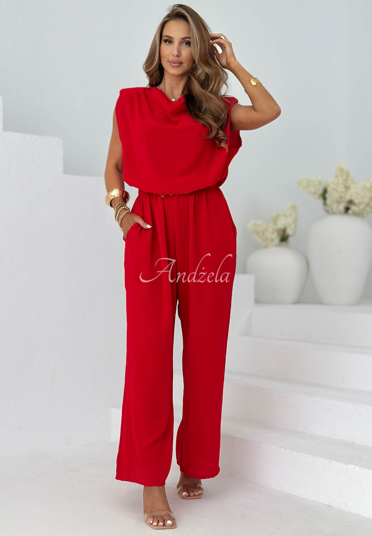 Langer Jumpsuit mit Viskose und Gürtel Sun Moment Rot